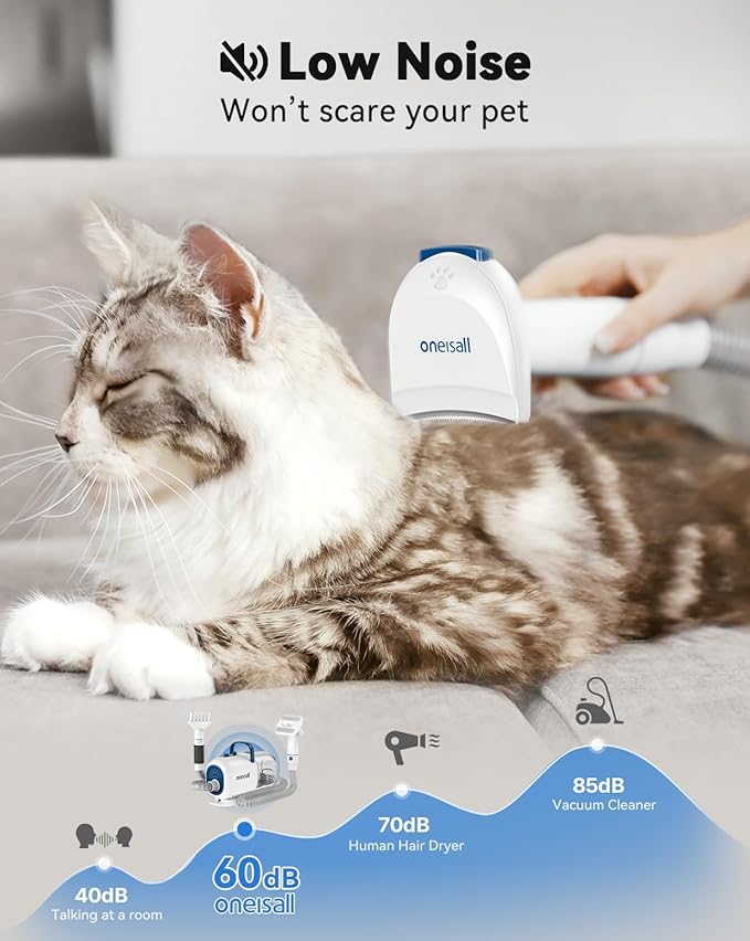 oneisall Dog Vacuum & Dryer for Shedding Grooming, 8 in 1 Dog Grooming Kit with Metal Blades Pet Clippers, Adjustable Speed and Temperature Control Blower