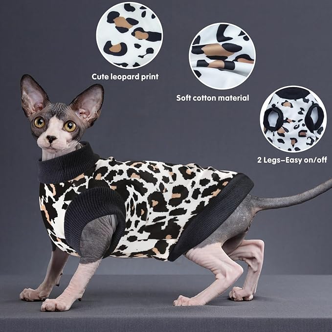 Idepet Cat Clothes Kitten Sweater Soft Kitten Shirt Cute Leopard Print Kitty Vest Pullover Pajamas Jumpsuit Cotton Apparel for Hairless Cats &Puppy (White,M)