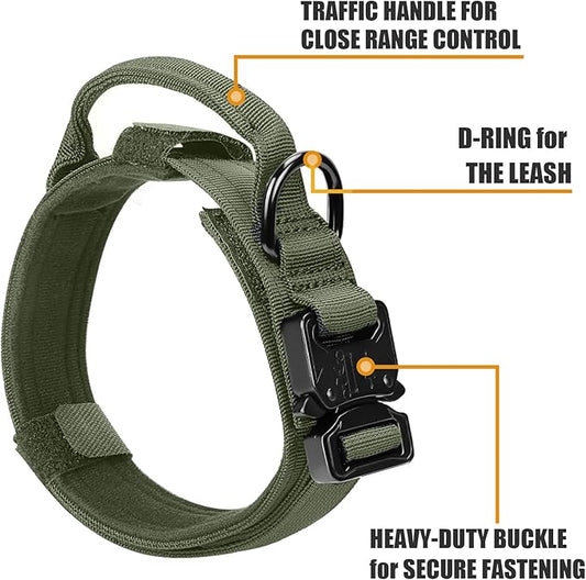 Tactical Dog Collar and Bungee Leash, Camo Military Dog Collar & Leash Set with USA American Flag Adjustable K9 Collar with Heavy Duty Metal Buckle & Handle,with Patches and Airtags Case (M, Green)