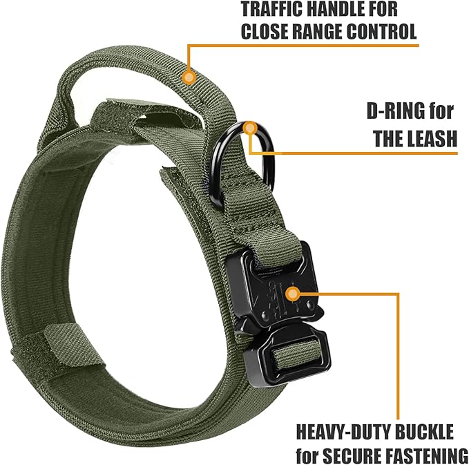 Tactical Military Collar - Adjustable Nylon, Heavy Duty Metal Buckle with Handle for Dog Training, with Patches (Green, M)