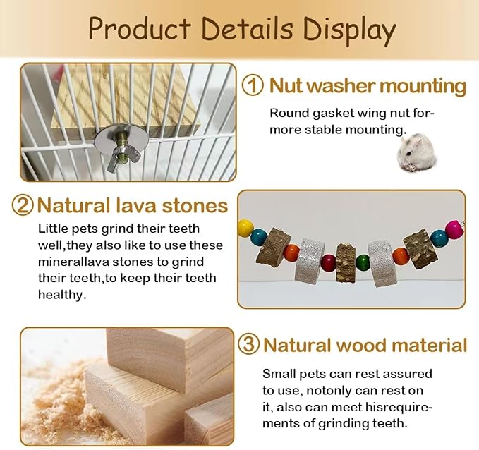 7 Pcs Chinchilla Ledges Wood Sets, Hamster Wooden Stand Platform with Lava Ledge Blocks Chew Toys Small Animal Cage Accessories for Rat Gerbil Guinea Pig Parrot Chipmunk Squirrel Mouse