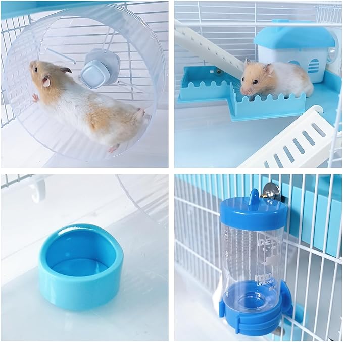Tfwadmx Dwarf Hamster Cage Small Hamster Habitat Mouse Home Small Animal Cage with Tube Exercise Wheel Hut Rat Habitat for Gerbils Mice 18.5“x11.8”x11.8“ Transparent/Blue