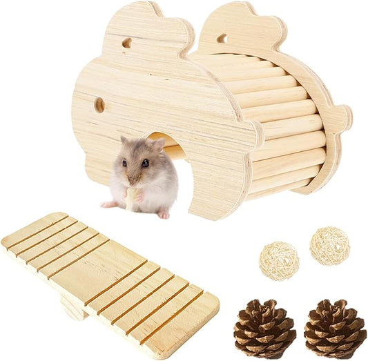 Guinea Pig Hideout, Wooden Hamster Hideout, Natural Wood Hamster House, Solid Wood Small Pet Shelter, Safe & Simple for Rat Gerbils and Other Small Pets(Bunny)