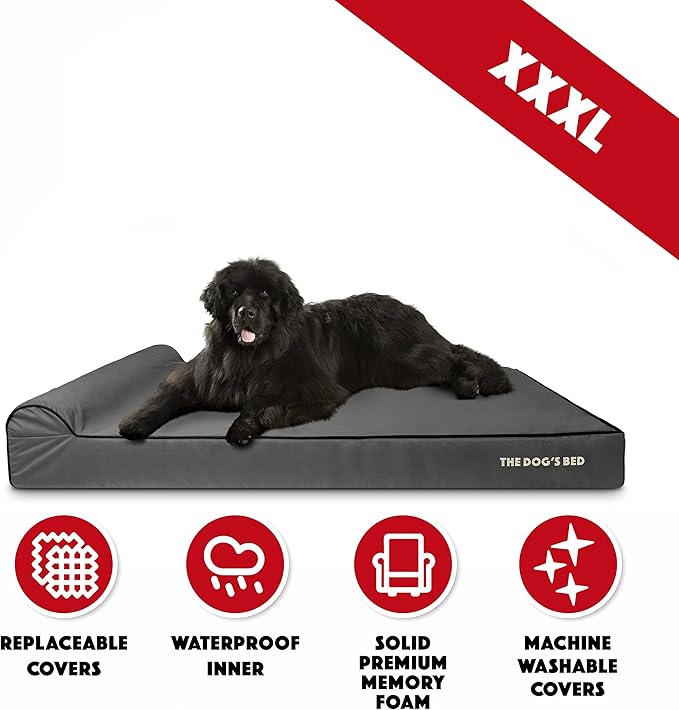 The Dog’s Bed Orthopedic Headrest Dog Bed XXXL Grey/Black, Memory Foam, Pain Relief for Arthritis, Hip & Elbow Dysplasia, Post Surgery, Lameness, Waterproof Washable Cover