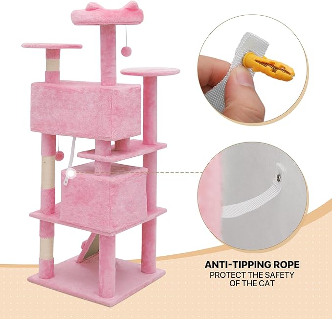 MoNiBloom 54 Inch Cat Tree Tower for Indoor Cats Large Adults, Pink Cat Tower with Scratching Post, Multi-Level Furniture Activity Center with Cat Condo Pet Play House, Soft Pink