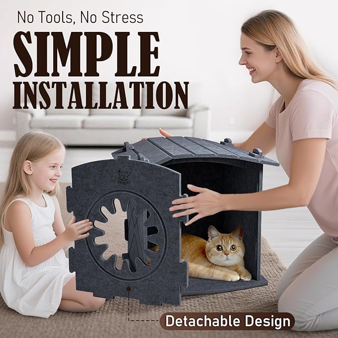 Apasiri Cat Houses for Indoor Cats Felt Cat House Cave Cathouse, 15x14x15Inch Scratch-Resistant Bed Warm Insulated Covered, Hideaway Tent for Anxiety Relief Gift, Grey