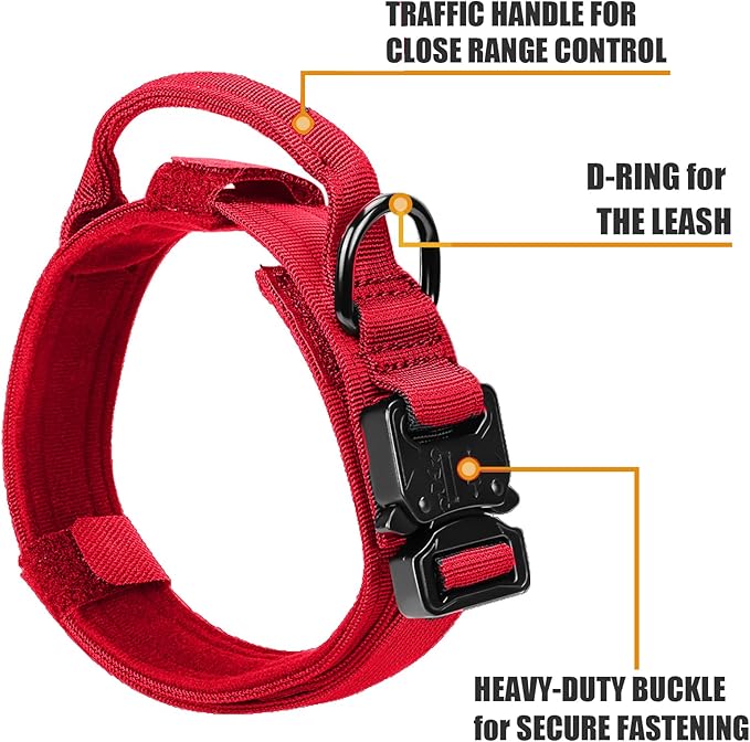 Tactical Military Dog Collar - Adjustable Nylon, Heavy Duty Metal Buckle With Handle for Training, With Patches (Red, M)