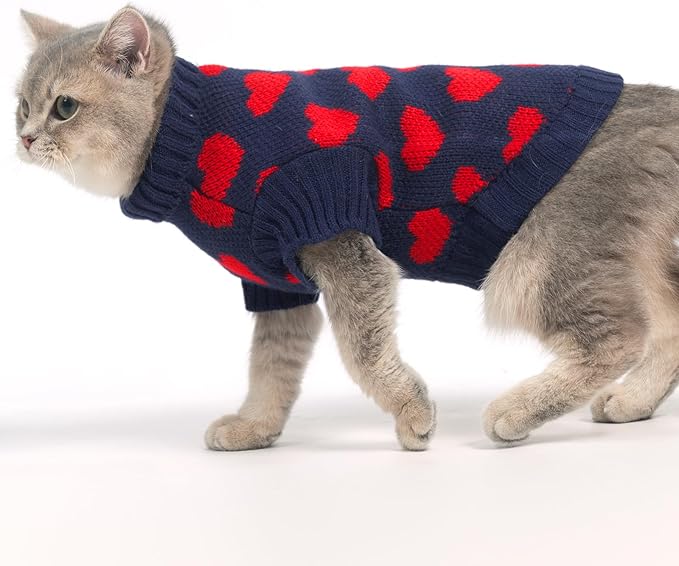 KOOLTAIL Cat Sweater Turtleneck - Soft Knit Sweaters for Small Medium Large Cats & Kittens - Warm & Thick, Red Heart Love Pattern - Navy