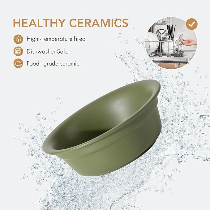 Ceramic 8.7inch Dog Bowl for Large Dogs, Basic Food and Water Bowl for Replacement, Wide Opening Rounded Edge(Single Bowls, Olive Green)
