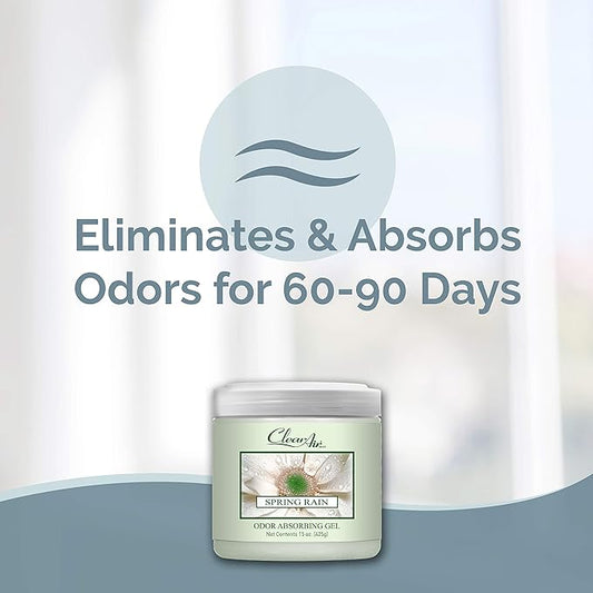 Clear Air Odor Absorber Gel - 15 oz, Pack of 2 - Air Freshener Absorbs and Eliminates Odors in Bathrooms, Cars, Boats, RVs and Pet Areas - Made with Essential Oils - Spring Rain Scent
