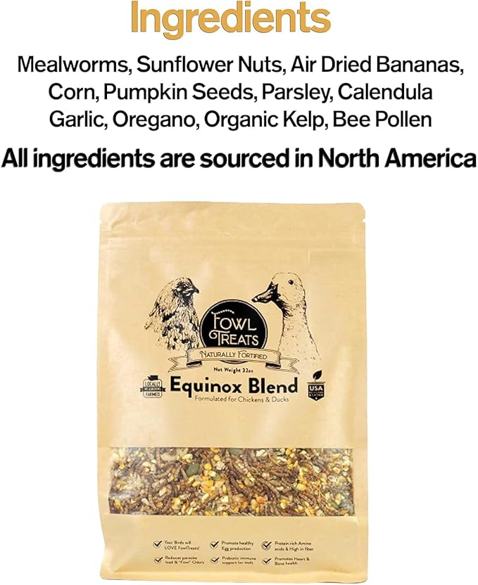 Naturally Fortified Treats – Protein Rich Supplement Suitable for Chickens, Hens and Ducks, Hand Mixed with USA Grown Ingredients – Equinox Blend – 32oz