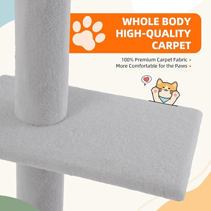 Cat Tree Floor to Ceiling Cat Tower 5-Tier Carpet Kitten Tree Cat Climbing Tower with Adjustable Height 98"-108", Tall Cat Trees with Platforms and Dangling Balls for Indoor Cats, Ash Grey