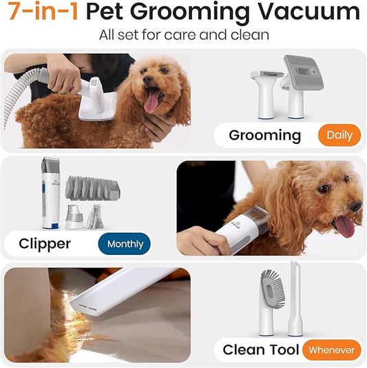 oneisall Dog Grooming Vacuum, Pet Grooming Vacuum with Clipper Nail Grinder, 1.5L Dust Cup Dog deshedding Vacuum Brush with 7 Pet Grooming Tools for Shedding Pet Hair, Home Cleaning(Blue)
