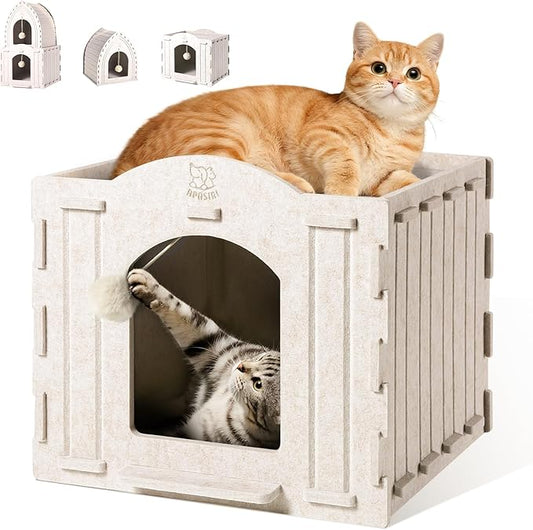 Apasiri Indoor Cat House Scratch-Resistant: Thermal Insulated Enclosed Felt Bed Cave with Hanging Ball Toy, No-Tool Assembly Hideaway for Anxious Cats & Kittens up to 35 Lbs