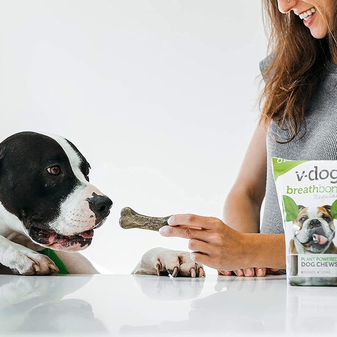 V-dog Dog Treats - Vegan Breathbone Teeth Cleaning Dental Bones - Fresh Breath - 8 Ounces - Minis - All Natural, Made in USA - 10 Bones - 3" Long - Easy to Digest
