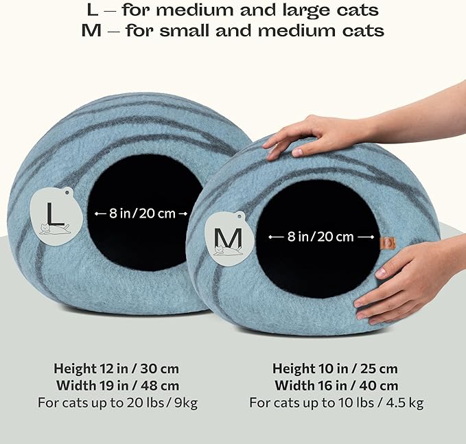 MEOWFIA Cat Cave – Premium Felt Cat Bed for Indoor Cats, Handmade 100% Merino Wool (Aquamarine, Large)