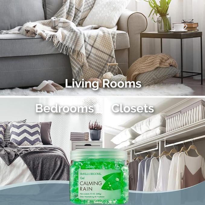 SMELLS BEGONE 72 oz Odor Eliminator Gel Value Pack - Air Freshener - Absorbs & Eliminates Odors in Bathrooms, Basements, Pet Areas, Boats, RVs & Cars - Made with Essential Oils - Calming Rain Scent