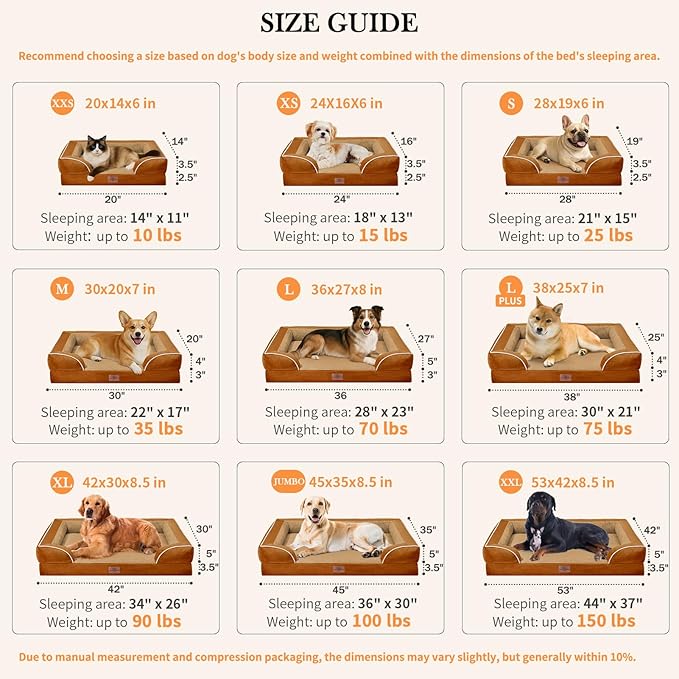 Comfort Expression Waterproof Dog Bed, XXL Dog Bed Orthopedic Foam, Waterproof Pet Sofa Couch with Washable Removable Cover & Non-Slip Bottom(XX-Large,Caramel)