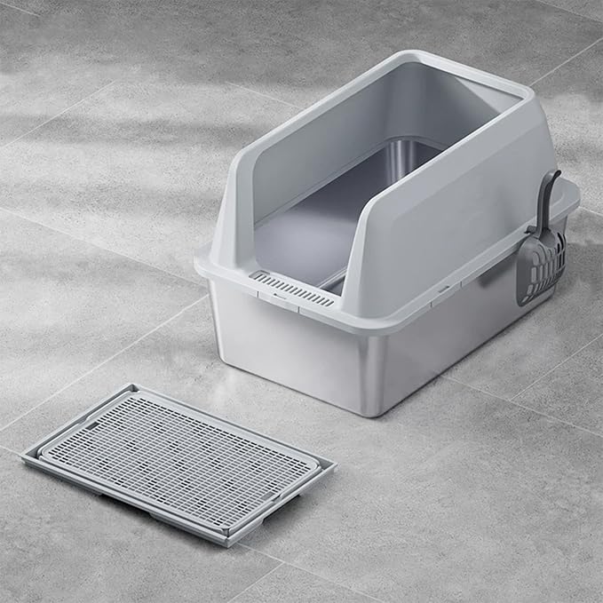 Stainless Steel Litter Box,Large Cat Litter Box with Cat Litter Mat,23.62 L×15.75 W×13.78 H,Heightened Fence Design,Easy to Clean, Odor-Free,Pet Toilet Supplies Wite Shovel