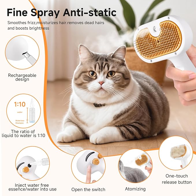 Pet Steam Brush for Dog & Cat - 3-in-1 Steam Grooming Brush for Shedding & Hair Removal - Self Cleaning Spray Comb with Mist for Long Haired Pets - Includes 1*Waterless Shampoo, Yellow