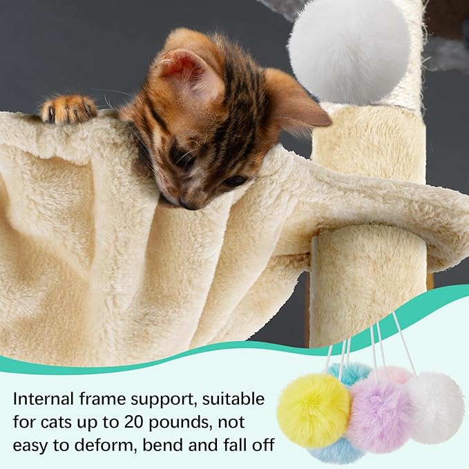 3 Pack 14.6" Large Cat Tree Hammock Basket Bed Lounger Tower Replacement Parts with 6 Pcs Hanging Elastic Strings Pom Pom Toys, Cat Tree Accessories Hammock Attachment (Beige)