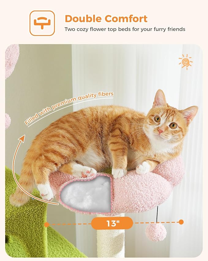 Flower Cat Tree, 70.9" Tall Cat Tree for Indoor Cats, Large Cat Tree for Large Cats, Multi-Level Tall Cat Tower with 6 Scratching Posts, 2 Cat Condos, 2 Perches, Large Hammock, Pompoms, Pink