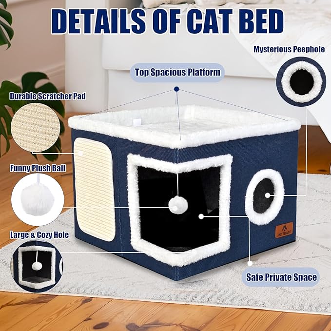 Cat Beds for Indoor Cats - Foldable Cat Hideaway with Hanging Fluffy Ball and Scratch Pad, Large Cat Bed Cave with Reversible Cushion for Multi Small Pet Kitten, Blue