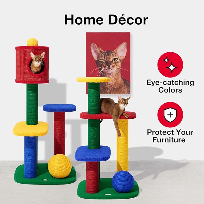 VETRESKA 38.6" Multi-Level Cat Tower, Cat Tree with Platform, Sisal Scratching Posts and Scratch Ball, Indoor Cats Furniture Activity Center for Large Cats Kittens
