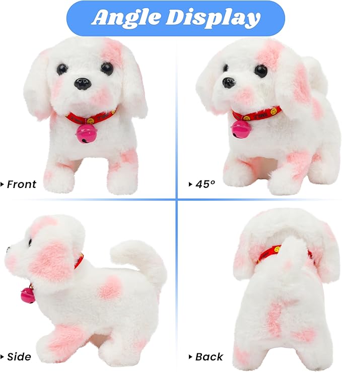 Hopearl Walking Point Dog Interactive Electronic Pet Plush Toy Puppy Woof and Moving Animated Nodding Head Gifts for Toddlers Birthday, Pink, 7''