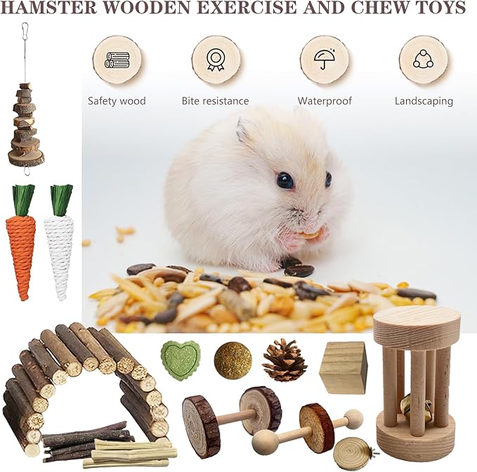 Hamster Toys Set,Guinea Pig Toys Small Animal Chewing Toy and Rat Cage Accessories, 16 Different,Hamster Small Animal Hideout,Chinchillas, Gerbils, Rats, Rodents Teeth Care,Natural Molar Tools