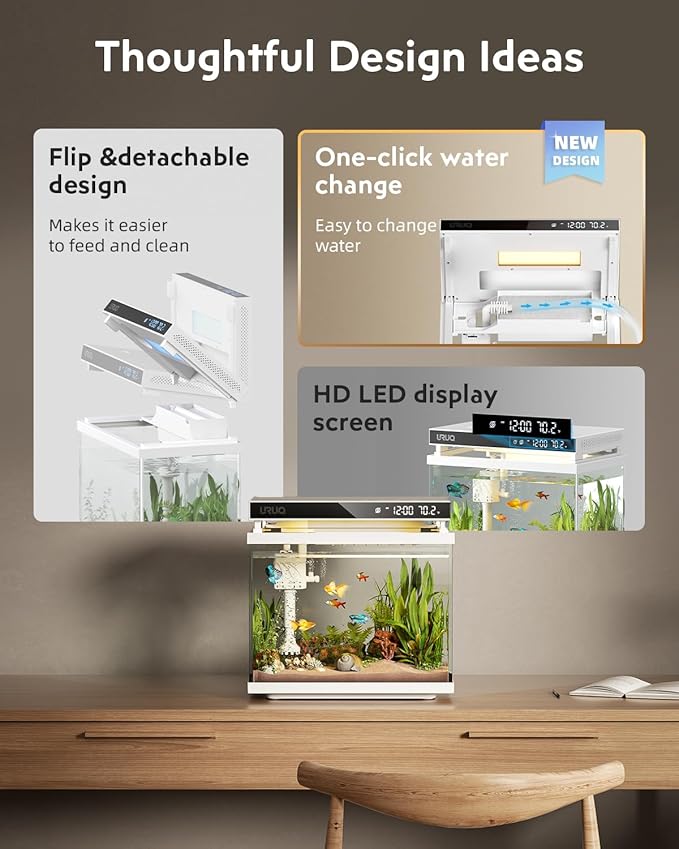 Fish Tank Smart Aquarium Kit: 2 Gallon UHD Glass Silent Water Pump Self Cleaning Multi-layer Filtration System - Temperature Sensing 7-color Lighting for Small Fish Betta Kids Room Desktop Decor White