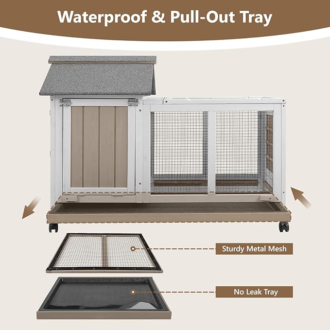 38''L Small Rabbit Hutch Outdoor Indoor with Wheels, Wooden Expandable 2 Story Bunny House Rabbit Cage with Run, Waterproof Roof, Pull Out Tray, Guinea Pig Cage Chicken Coop for Small to Medium Pets