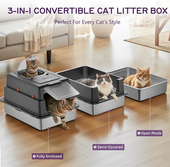 Stainless Steel Litter Box with Lid, 28" XXXL Large Cat Litter Box Enclosed for Multiple Cats, Odor Control with Carbon Filters, Anti-Leak High Sided, Includes Removable Lid & Scoop, Black