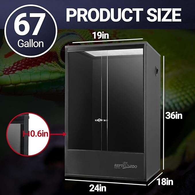 REPTIZOO 67 Gallon PVC Tall Reptile Tank, 24" x18”x36” Large Reptile Terrarium for Gecko Lizard Chameleon Frog Snake, Enclosure Habitat with Sliding Door & Top Screen Ventilation