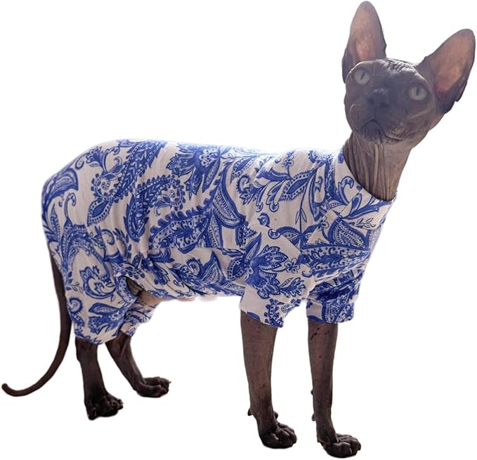 Sphynx Cat Four Leg Cotton Pajamas Elastic Pet Clothes for Hairless Cats Surgery Recovery Suit Undershirt Thermal Clothes for Sphynx, Devon, Cornish (Blue Porcelain, XL)