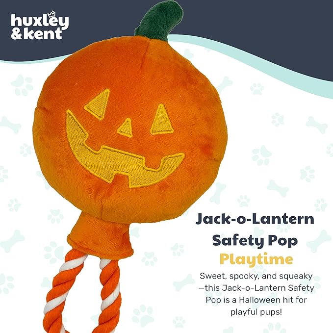 Huxley & Kent Halloween Funny Dog Toy w/Squeaker – Power Plush Squeaky Dog Toys for Small, Medium & Large Dogs – Soft Stuffed Animal for Indoor Play & Fetch - Jack-o-Lantern Safety Pop, One Size