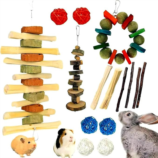 Rabbit Chew Toys,Natural Chew Treats Sticks and Balls for Bunny Chinchilla Guinea Pig Hamster,Bunny Chew Toys for Teeth