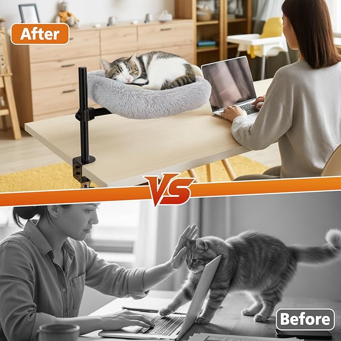 Large Cat Desk Bed - 360°Rotating Height Adjustable, Soft Removable Cat Hammock Bed, Suitable for Gaming Desks and Office Desks, Maximum Weight Capacity Up to 35 lbs