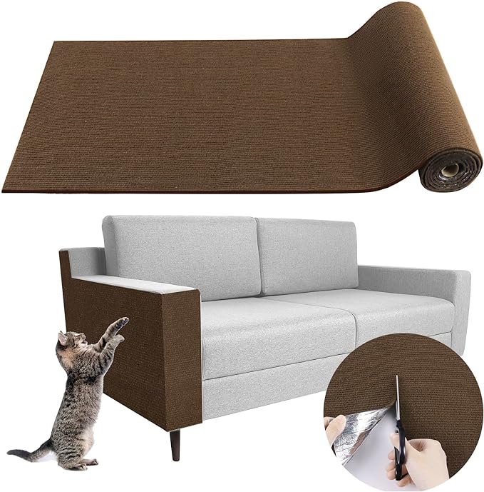 Climbing Cat Scratcher Mat Trimmable Cat Scratching Post Carpet 157.4’’x15.8’’ Self Adhesive Carpet Mat Pad Replacement for Cat Tree Shelves Post Couch Wall Furniture Steps DIY Protector (Brown)
