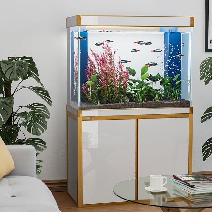 100 Gallon Aquarium Fish Tank with Upright Fishtank Stand Water Pump Freshwater Filter LED Bundle and Straight Corners Clear Glass - White with Gold Trims