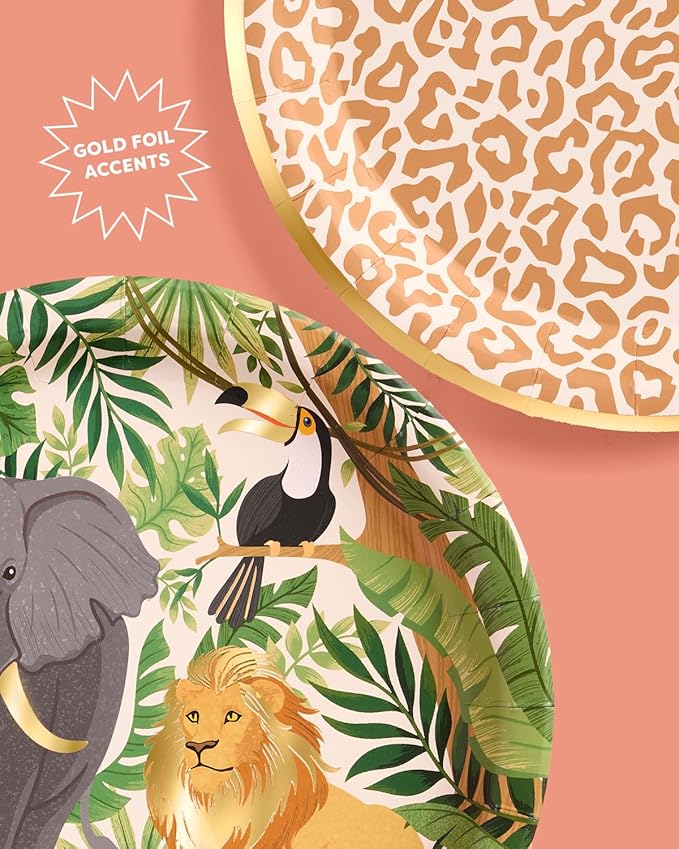 xo, Fetti Animal Print Safari Paper Plates, 4 Designs | 24 pcs 9" | Kids Decorations, Jungle Party Setting, Wild Birthday Decor, Rainforest Tablescape, Zoo Table Decor