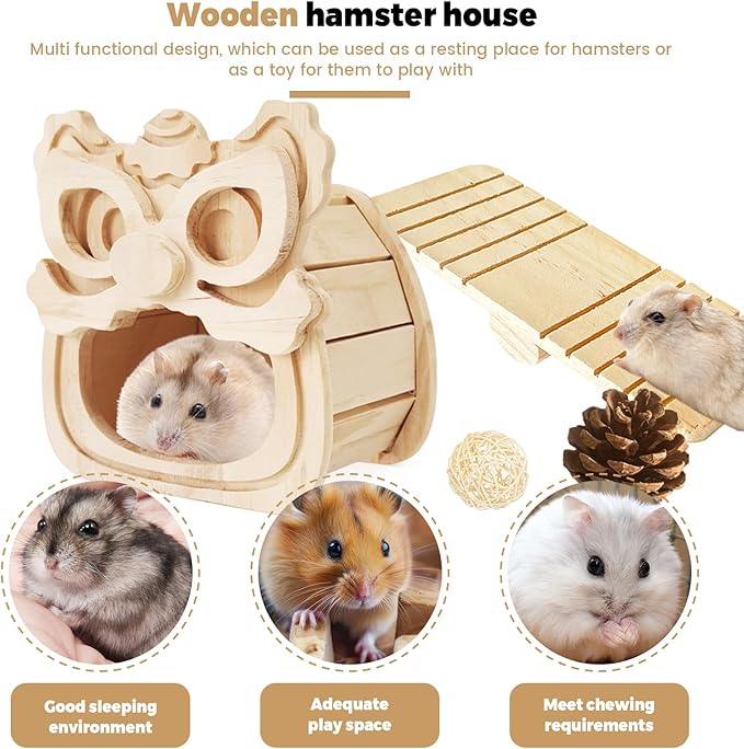 Guinea Pig Hideout, Wooden Hamster Hideout, Natural Wood Hamster House, Solid Wood Small Pet Shelter, Safe & Simple for Rat Gerbils and Other Small Pets(Waking Lion)