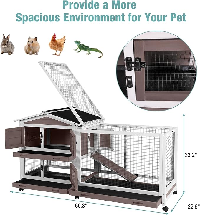 Rabbit Cage,Indoor Rabbit Hutch with Matel Frame and Pull Out Tray,Bunny Hutch Chicken Coop with Run (Brown)