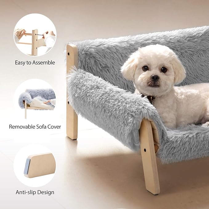 MEWOOFUN Cat Couch Bed, Pet Sofa for Indoor Cats Wooden Indoor Elevated Cat Beds with Removable Mattress Cover Suitable for Kitty, Puppy or Small Animal (Grey, Large)