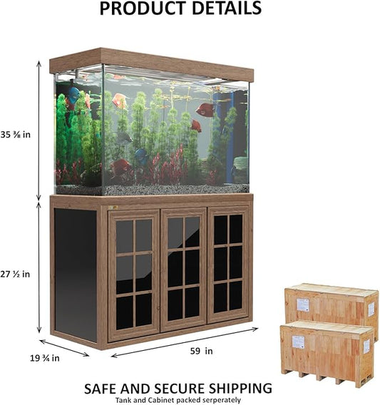 175 Gallon Aquarium Fish Tank with Upright Fishtank Stand Water Pump Freshwater Filter LED Bundle and Straight Corners Clear Glass - Brown Wood Finish
