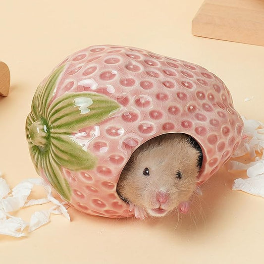 Ceramic Hamster Hideout,Strawberry Dwarf Hamster House,Guinea Pig Habitat Decor, Hideaway House for Gerbil, Cool Bed for All Season(Pink)
