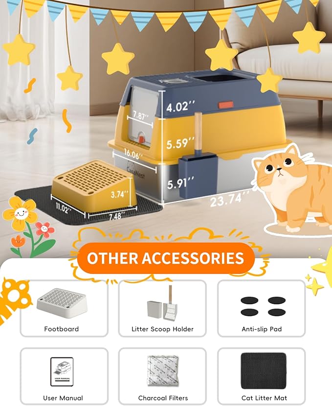 XL Extra Large Stainless Steel Cat Litter Box with Lid, 3-in-1 Enclosed/Open, Durable Metal Litter Box for Big, Multi Cats, Non-Stick, Odor Control, Easy Cleaning, Durable ABS Lid, Yellow