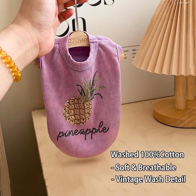 Washed Cotton Pet Vest with Rhinestone Fruit Designs, Soft & Stylish Small Dog Cat Vest for Spring Summer, Breathable & Shiny (Purple-Pineapple, Large)