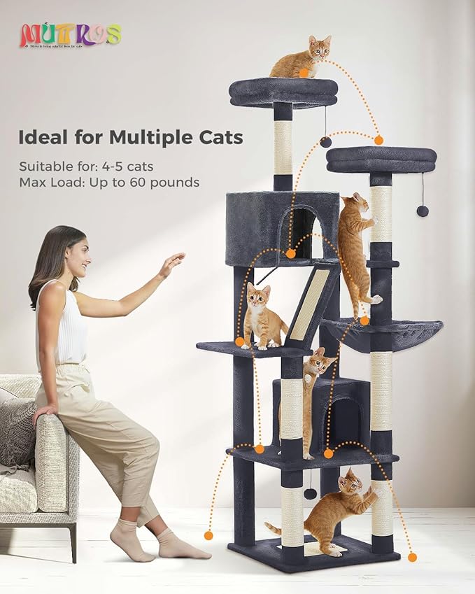 Tall Cat Tree 70.9"- Cat Tower with 6 Scratching Posts, Multi-Level Cat Climbing Tower with 2 Cat Condo, 2 Scratching Boards, 2 Top Beds&Hammock for Indoor Large Medium&Small Cats, Dark Gray