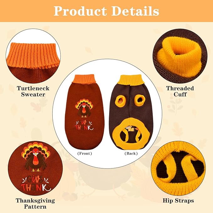 Vehomy 2Pcs Dog Cat Thanksgiving Sweaters Dog Pumpkin Turkey Sweaters Thanksgiving Dog Cat Turtleneck Knitwear Shirt Clothes Dog Puppy Halloween Costume Clothes for Small Medium Dogs Cats XS